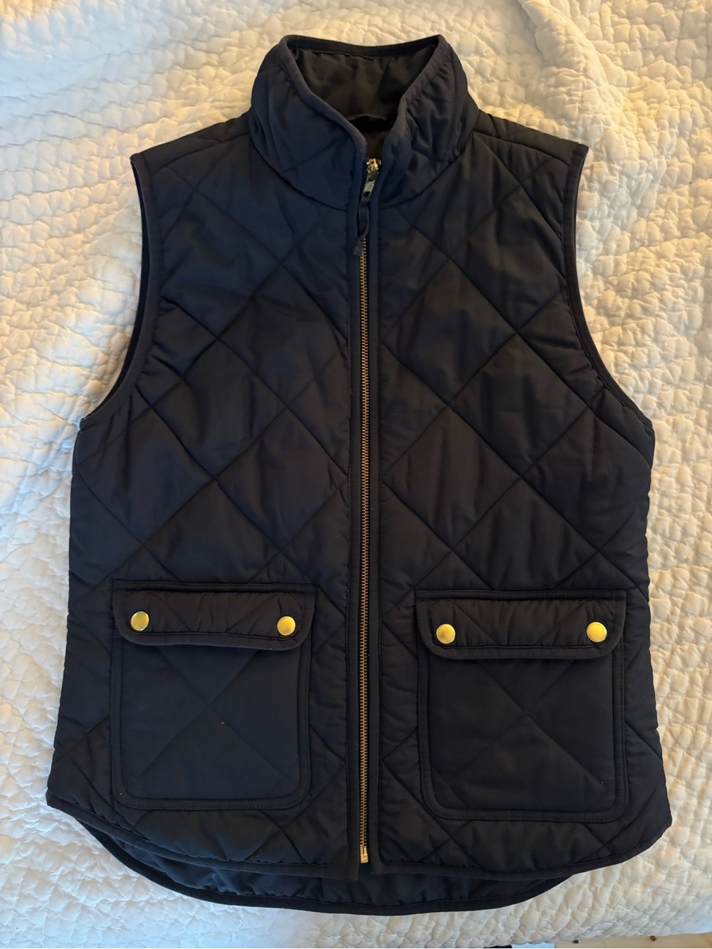 J. Crew Navy Quilted Sleeveless Vest with Gold Snap Pockets
